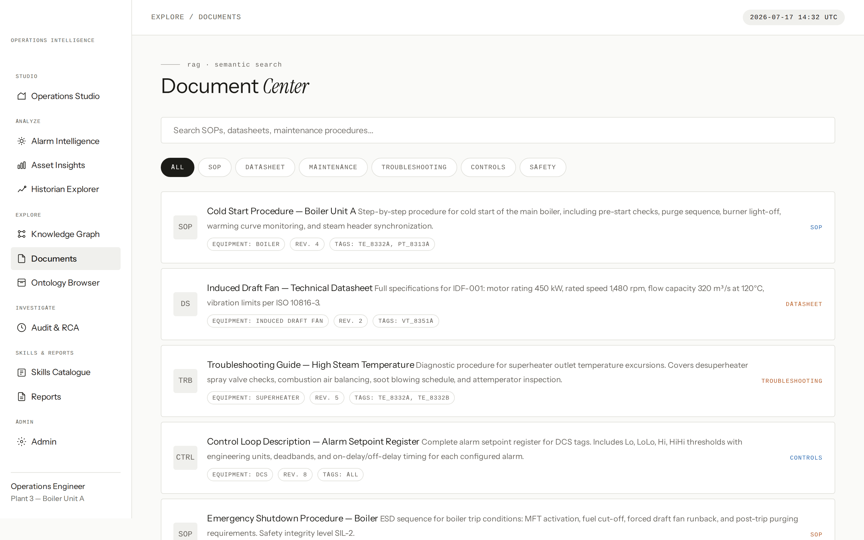 Document Center semantic search over plant procedures and datasheets